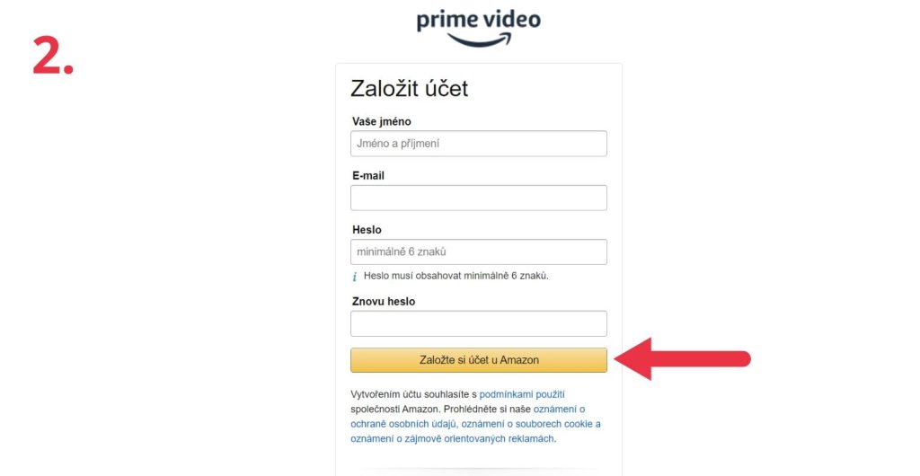 Druhý krok vytvoření účtu Amazon