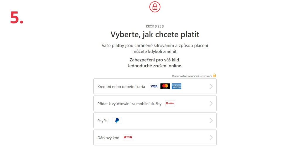 Pátý krok registrace Amazon Video - výběr platby